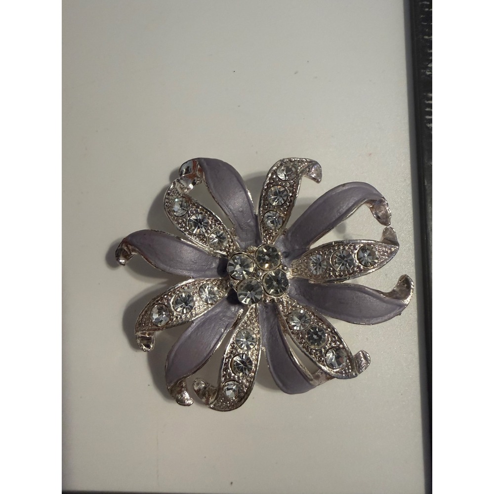 Lavender Enamel Flower Brooch Silver Tone Rhinestone Floral Pin 2 Inch